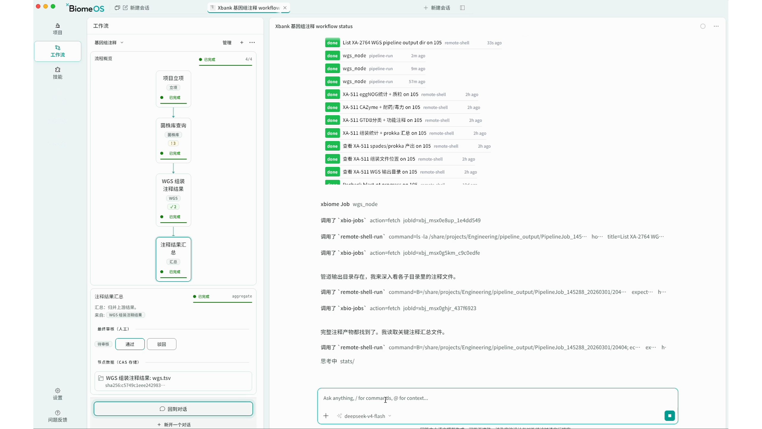 图 13 基因组注释 Workflow 完成状态、节点表与汇总产物。
